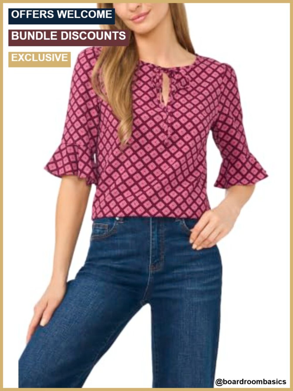 Split Tie Neck Top with Ruffle Cuff 3/4 Sleeve Geometric Print Blouse